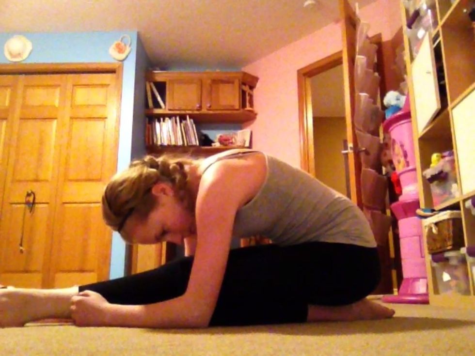 Bent hamstring stretch: Start by kneeling then extend one leg in front of you. Lean your upper body down to your legs and hold.