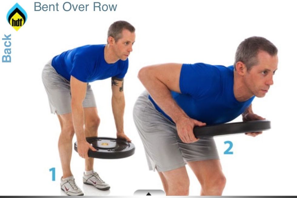 Bent over row: 1-Bend forward at your waist, with your knees slightly bent, and your back flat. 2- lift the weight to your chest. 3- lower the plate to a straight arm position, keep your back flat.