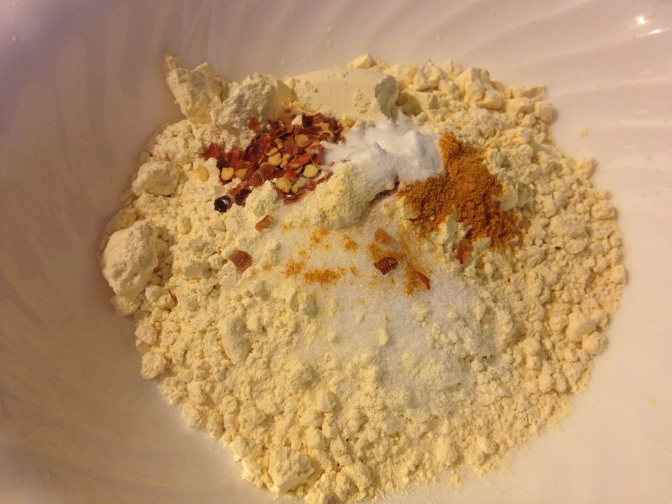 Besan, turmeric, baking soda, salt & chili flakes