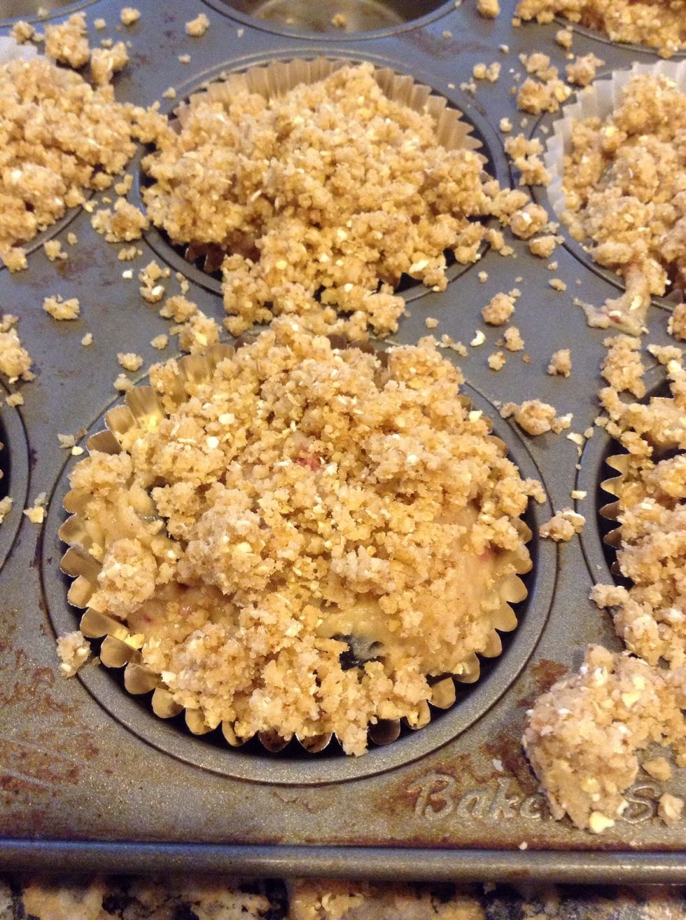 Big handfuls, top your muffins. I used all the topping on 32 muffins but this topping freezes well if you chose to do half and half. The topping is wonderful on apple crisp or any muffin