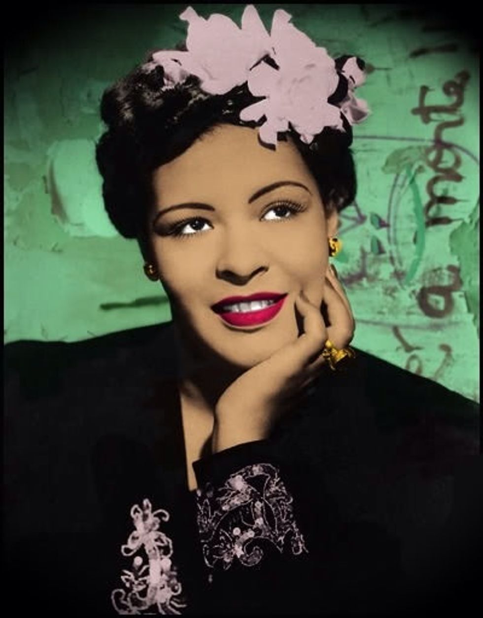 Billie Holiday va viure els anys 1915-1959. Era una cantant de jazz Nord-Americana. En aquest retrat, la Billie Holiday est\u00e0 a Filadelfia.