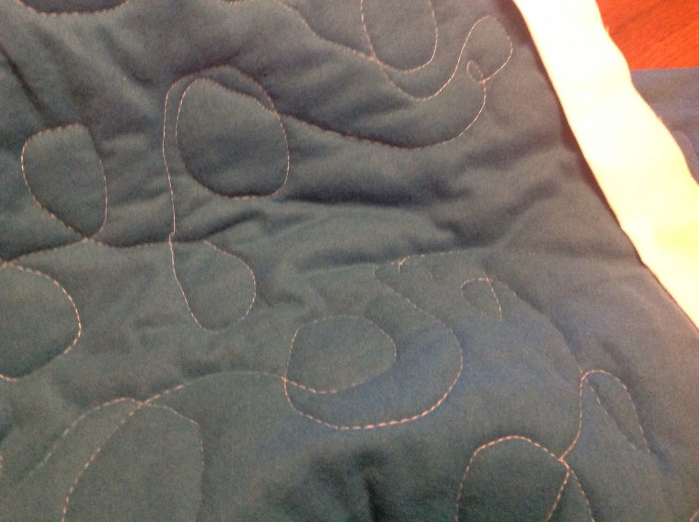 Binding - cut six 3 x 44 inch strips of fabric. Miter together. Sew raw edge of binding to edge of quilt. Miter corners. Fold binding over edge of quilt and sew reverse side, stitch in the ditch.