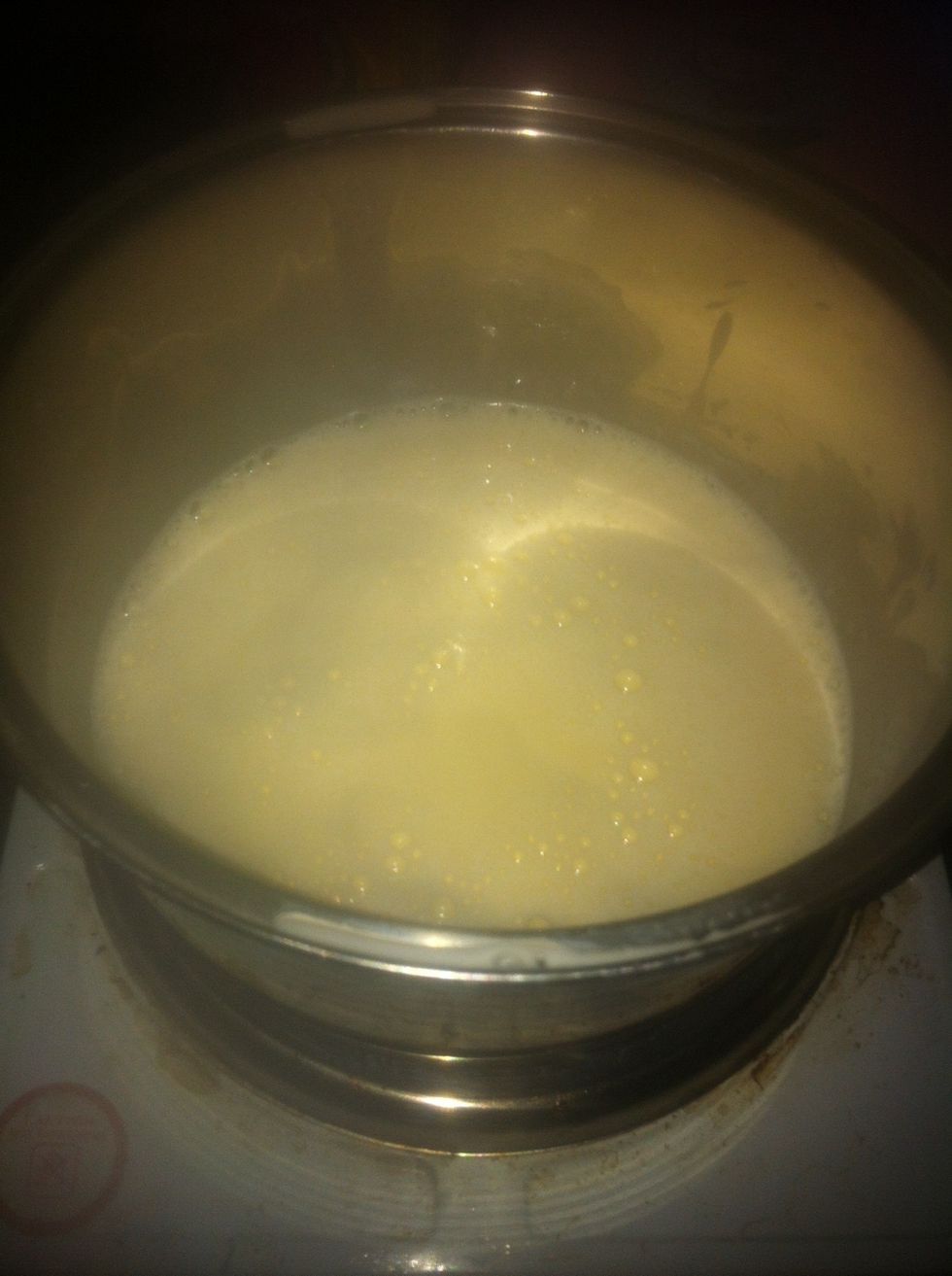 Bit by bit add in the milk mix to the egg mix constantly stirring pour back on heat and stir until thick.