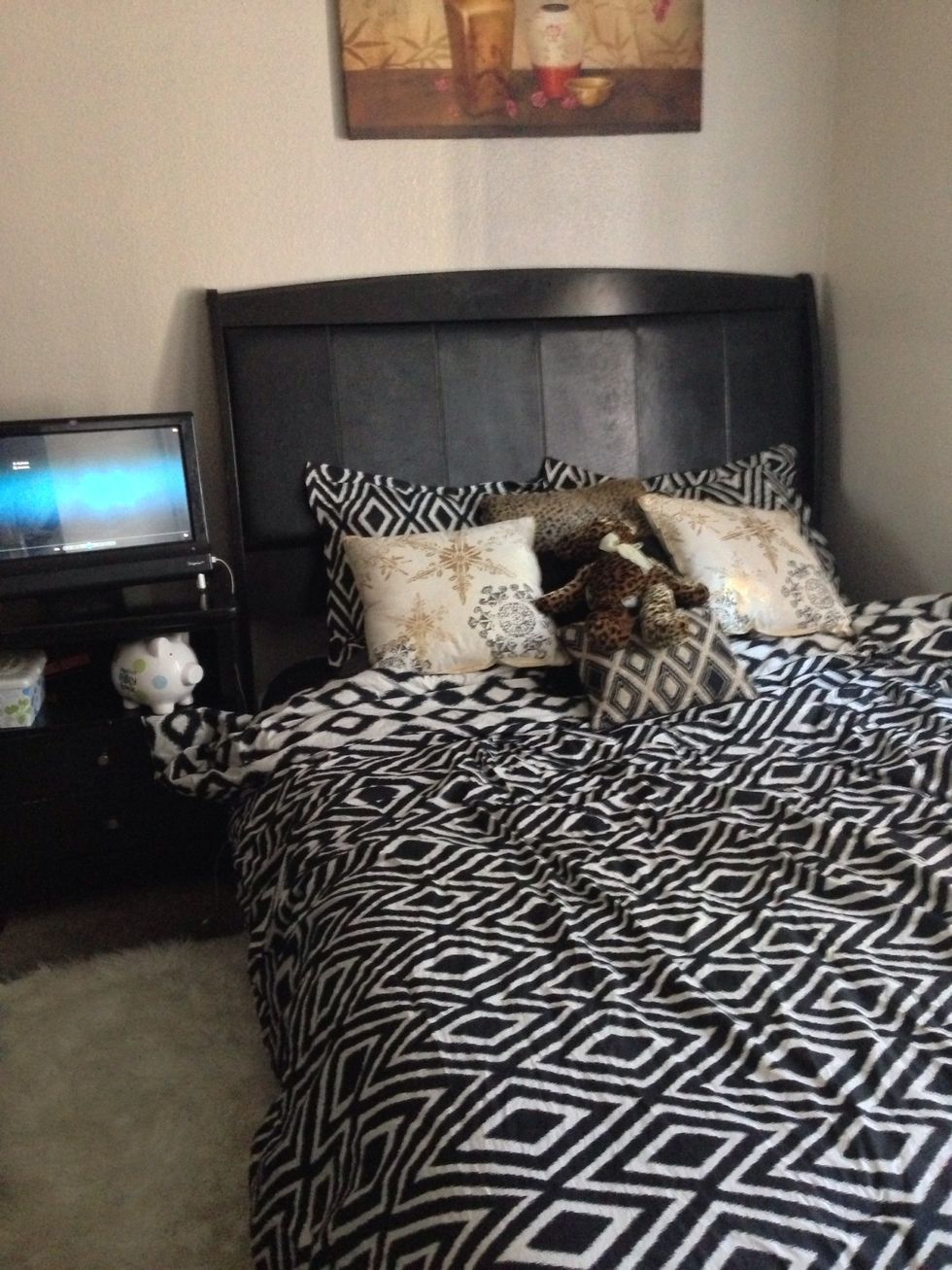 Black n white basic colors with a fun print to vibe it up also a fun painting over bed to throw in a splash of color made it me with the cheetah\ud83d\udc06\ud83d\udc2f print touches