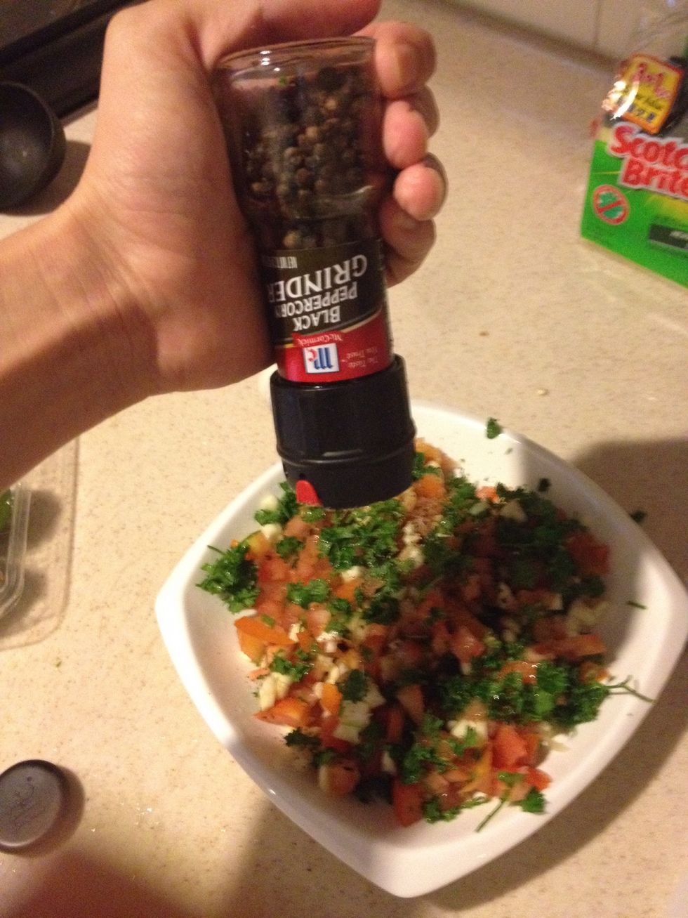 Black pepper and salt (last to put in as salt will draw out the water in tomato and make it soggy). You can add capsicum olive oil or chopped nuts, if you like.