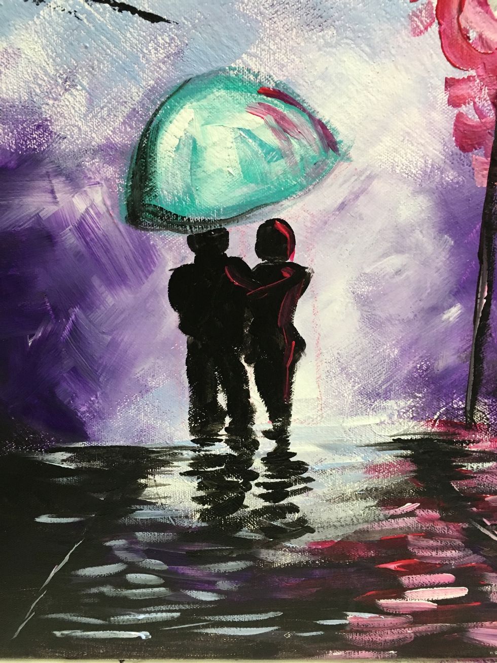 Black shadows in the street using horizontal strokes. That horizontal part is pretty important.