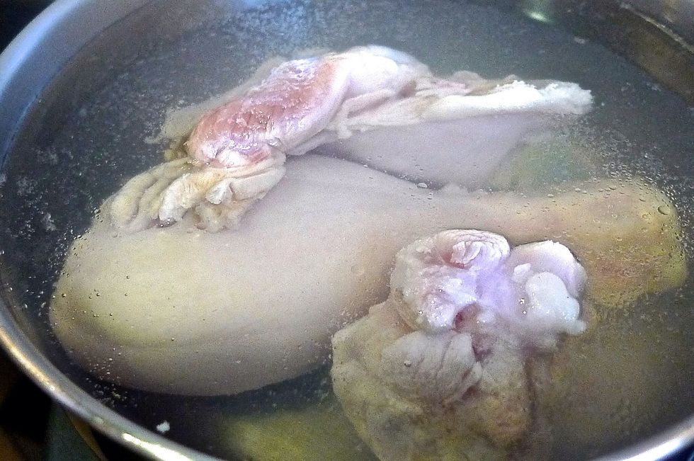 Blanch the chicken pieces to remove scum to ensure clear soup.