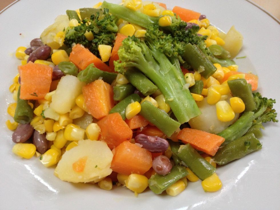 Blanch your mixed veggies (except potatoes). My mixed veggies today are: sweet corn, red beans, green beans, broccoli, carrots, and potato.