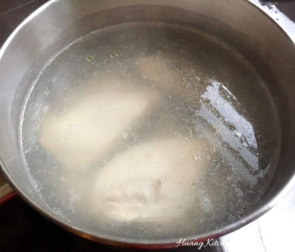 Blanched in hot water, about 5 minutes to remove impurities.