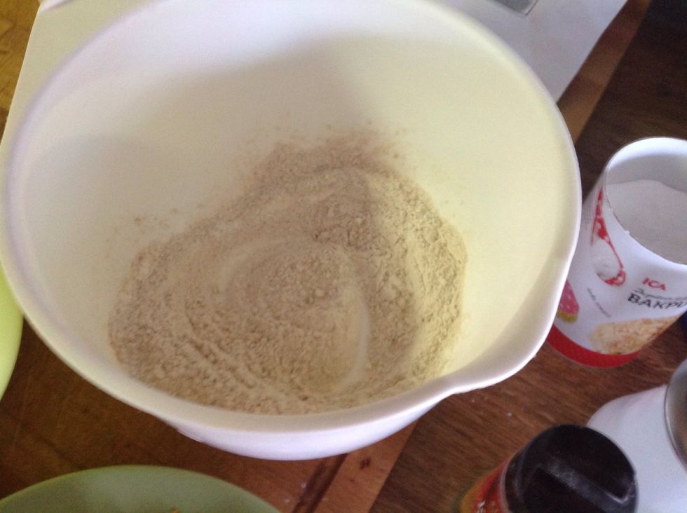 Blanda vetemj\u00f6l, bakpulver, kanel och salt i en annan sk\u00e5l. Mix wheat flour, baking powder,cinnamon and salt in another bowl