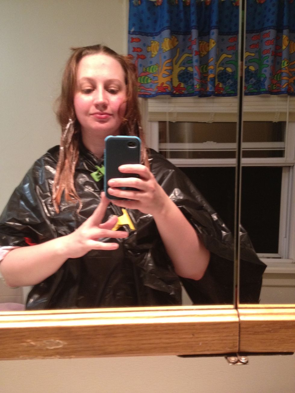 Bleach part of your hair. Use a physical landmark to make the bleach even; I used my chin.