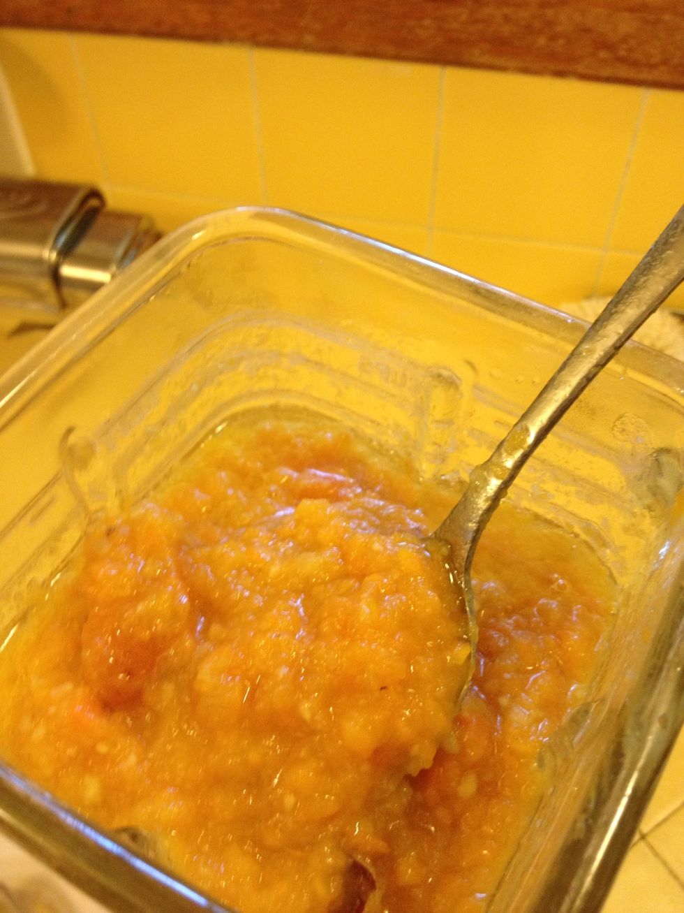 Blend and stop to stir and add more water as needed. Please don't blend an explosion! Leave the lid on loosely so stuff doesn't splatter but so the steam can escape.