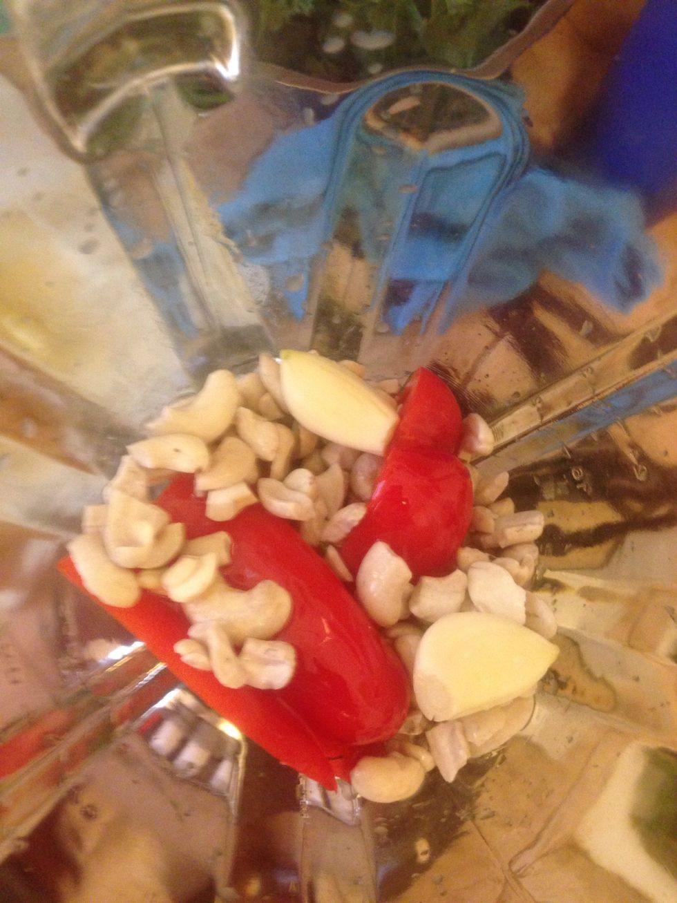 Blend cashews, pepper, lemon, oil, soy sauce, and bell pepper.