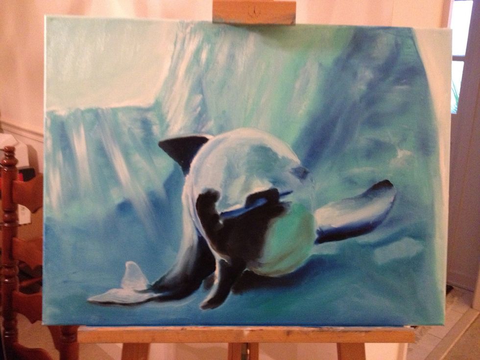 Blend colors using your wet canvas and your thumb. Add some black underneath the belly so she is popping out of the water.