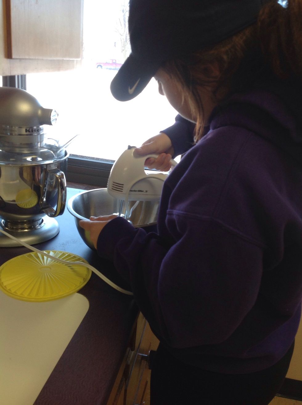 Blend eggs and sugar together until pale and thick