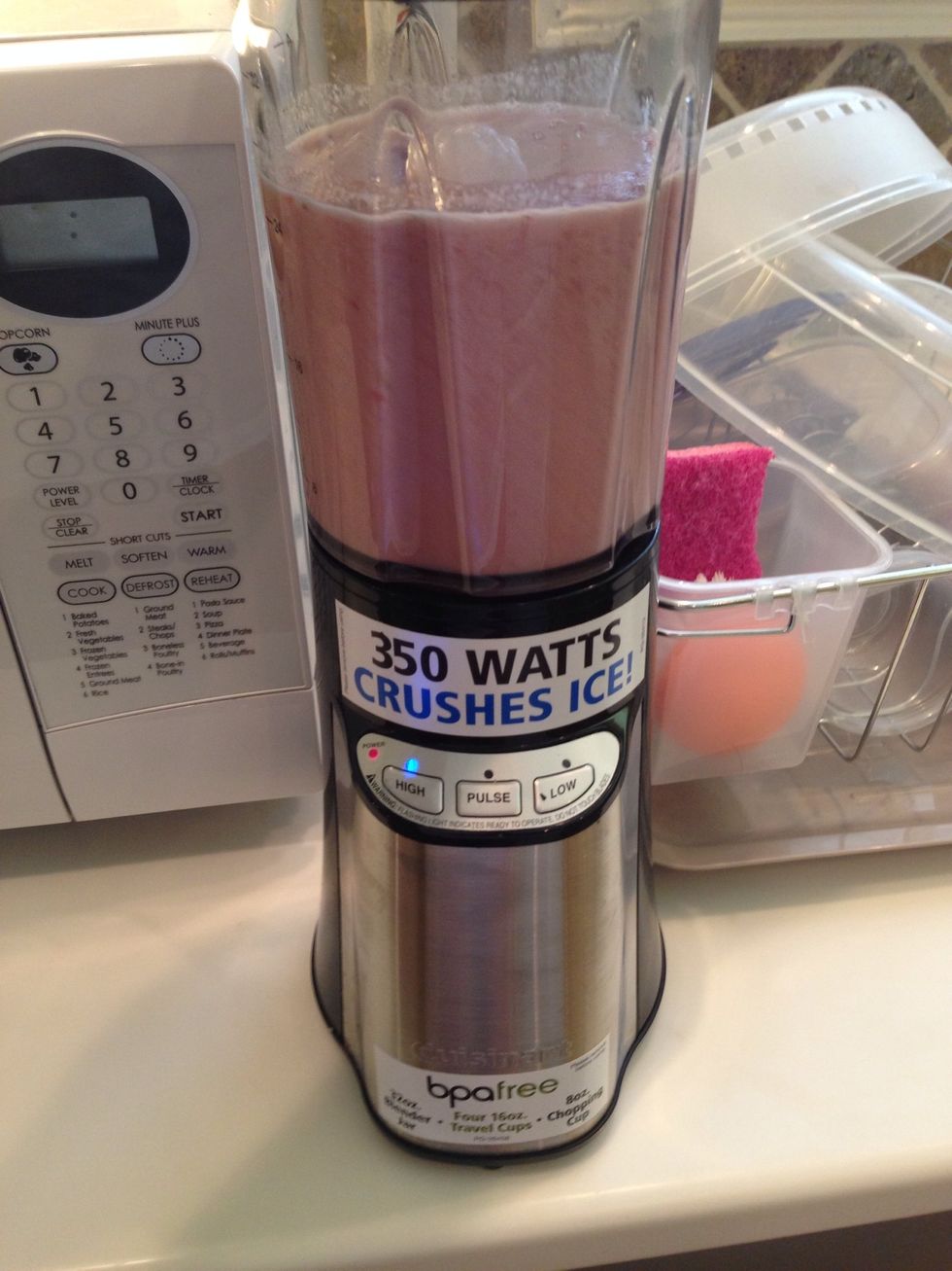 Blend! I blend mine on high. It only takes about 30 seconds!