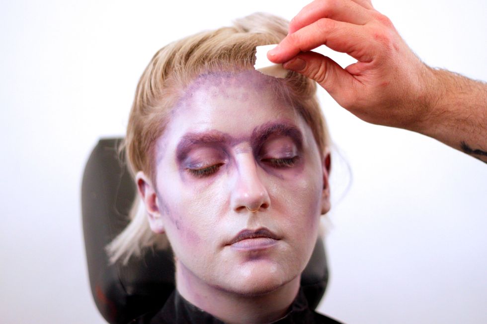 Blend in again with another broken makeup sponge. Dab very gently to not remove layers of makeup. You're only trying to minimize brush strokes.