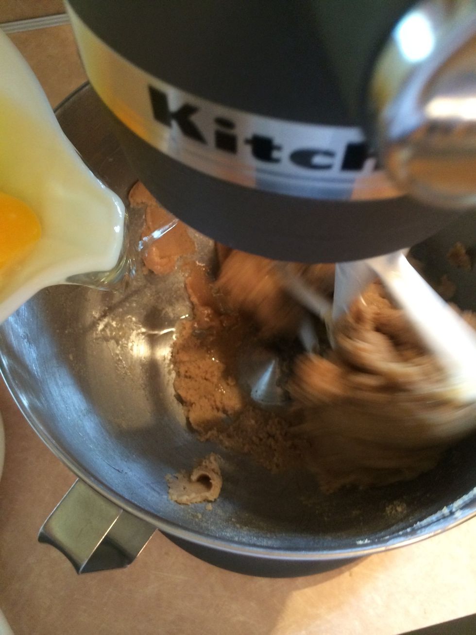 Blend in eggs one at time until they are all fully incorporated.