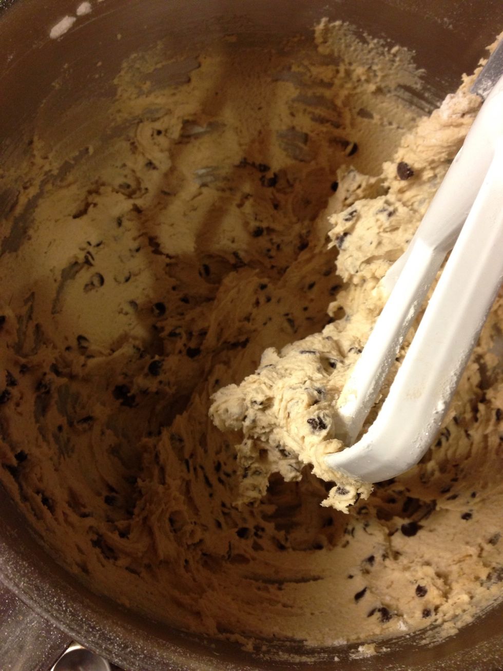 Blend in flour, salt, baking soda, and chocolate chips!
