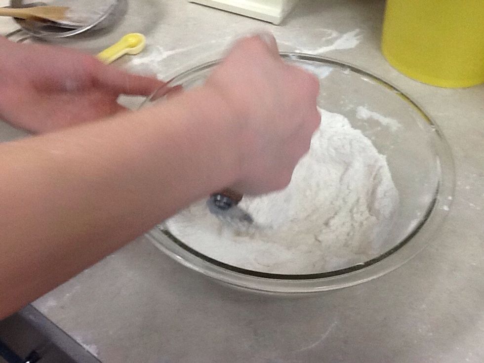 Blend in shortening with pastry blender.