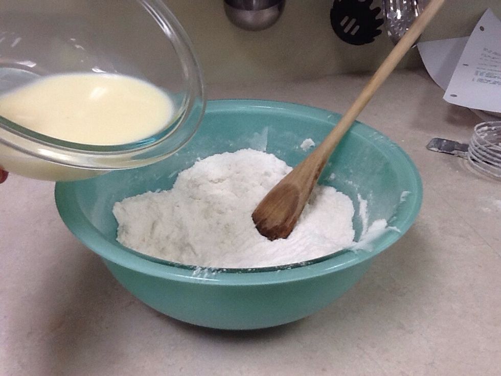 Blend one beaten egg and 125mL of milk in small bowl. Add to dry mixture. Stir until moisten. Do not over stir the dry mixture. Set aside.