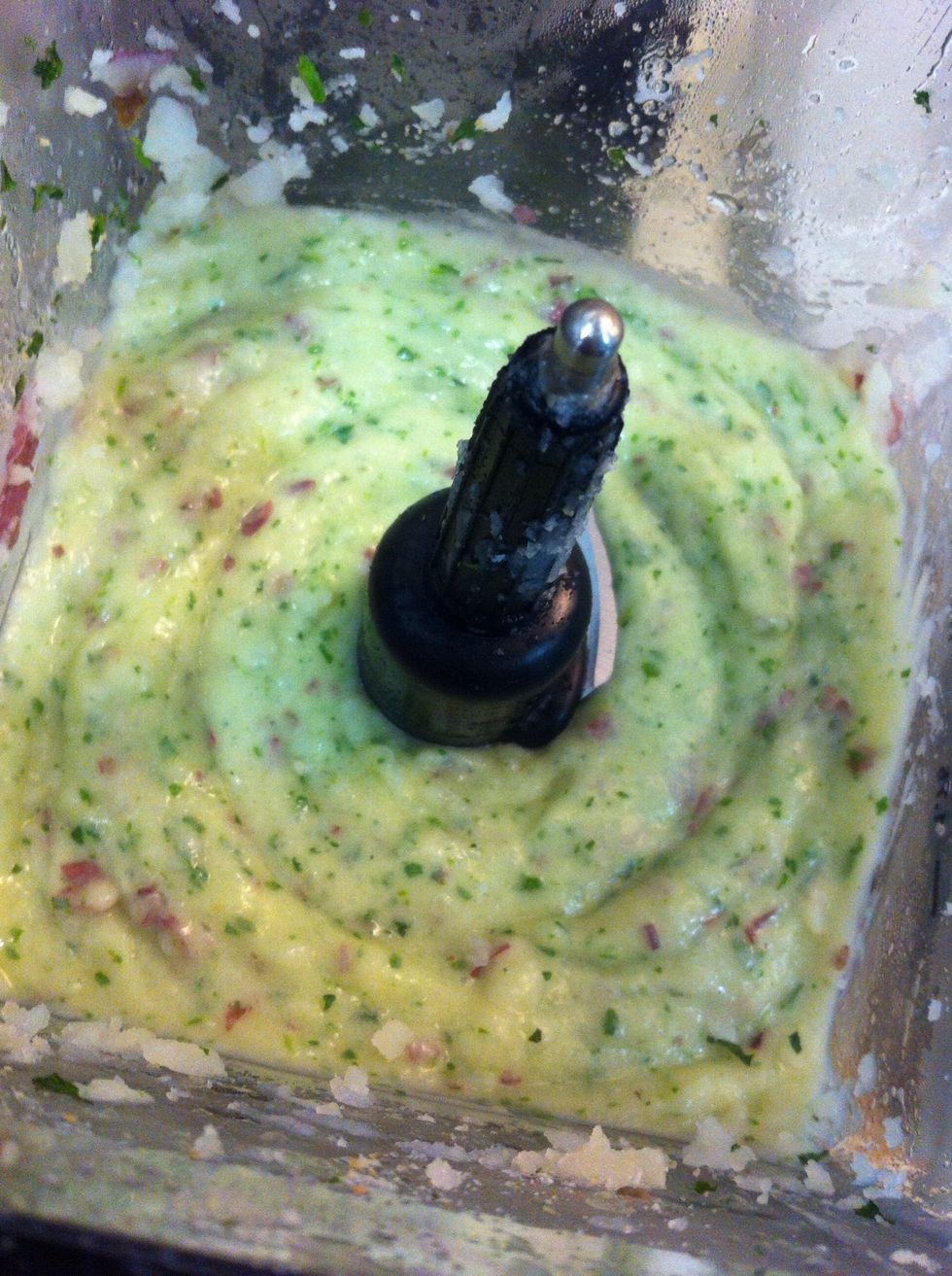 Blend potatoes (skin on - that's were all the nutrients are!), goat cheese, spinach, EVOO or margarine, one clove garlic, and salt and pepper to taste