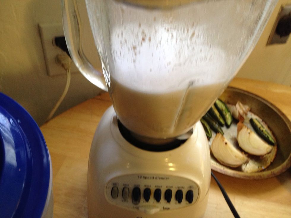 Blend skin and stock on liquify, will look milky. Add to stock pot. Don't worry broth will return to clear appearance after it simmers.