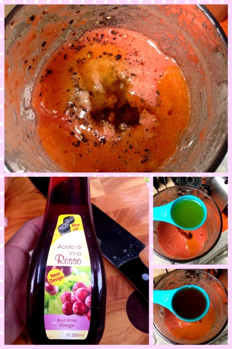 Blend the 4 ingredients. Add the red wine vinegar, olive oil, salt and pepper into the mixture. Blend until smoothened.