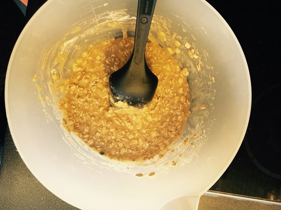 Blend the wet/dry ingredients together and put the mix in the refridgerator for 30 mins.