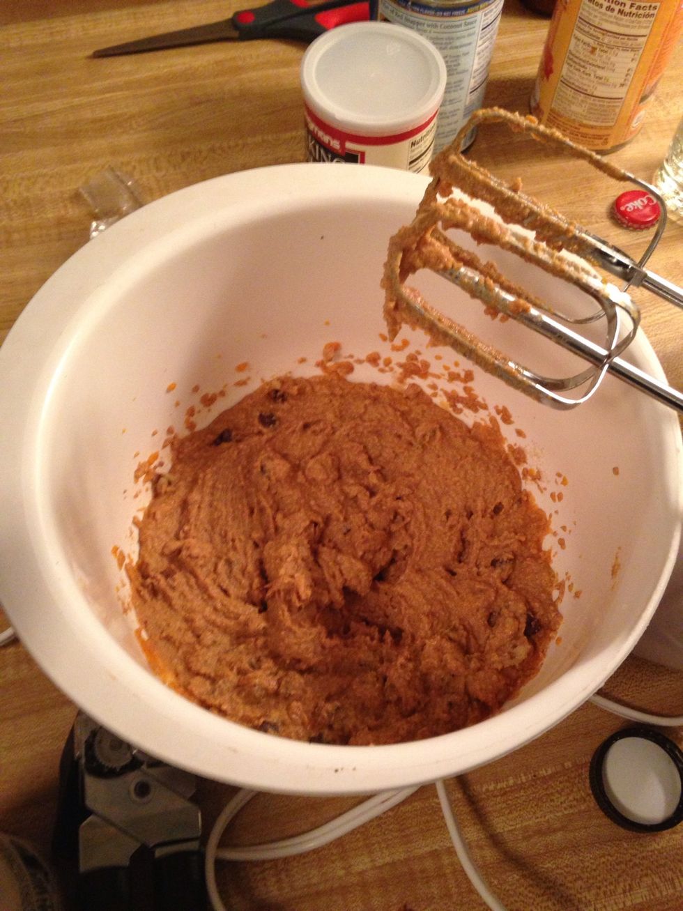 Blend together and add in walnuts and chocolate chips
