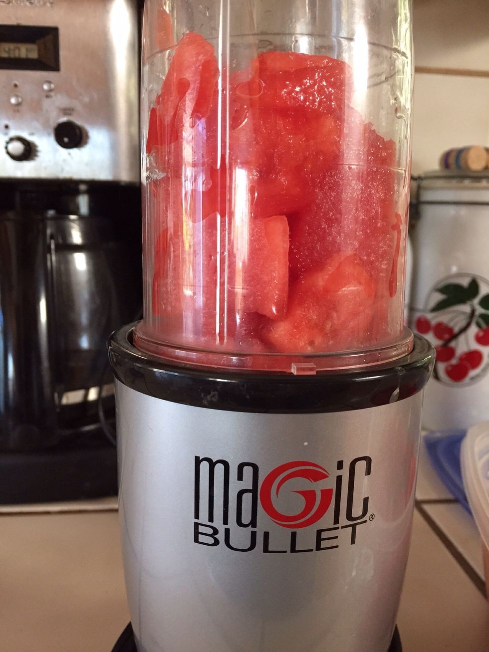 Blend watermelon chunks until liquified.
