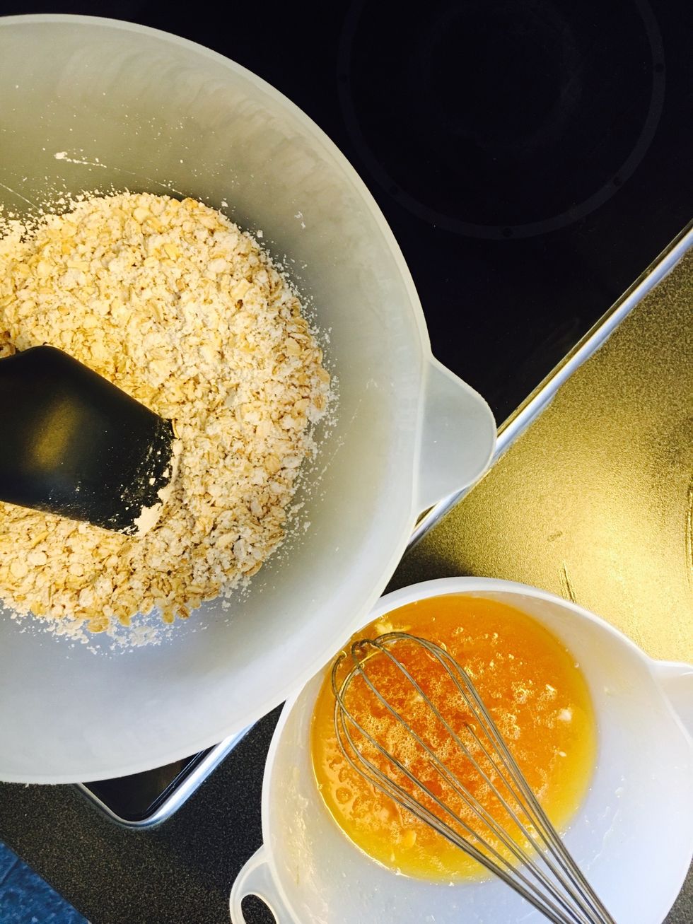 Blend wet and dry ingredients in two separate bowls (except from the chocolate).