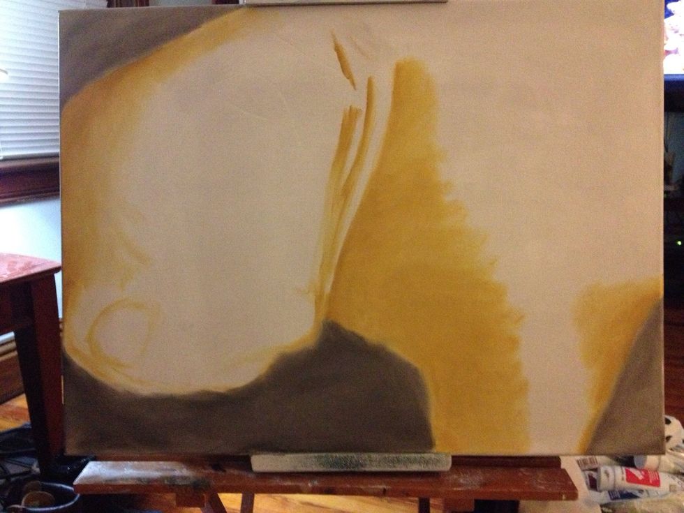 Block in the background with a dark brown and black mixture. With umber, start blocking in Bender's body color.