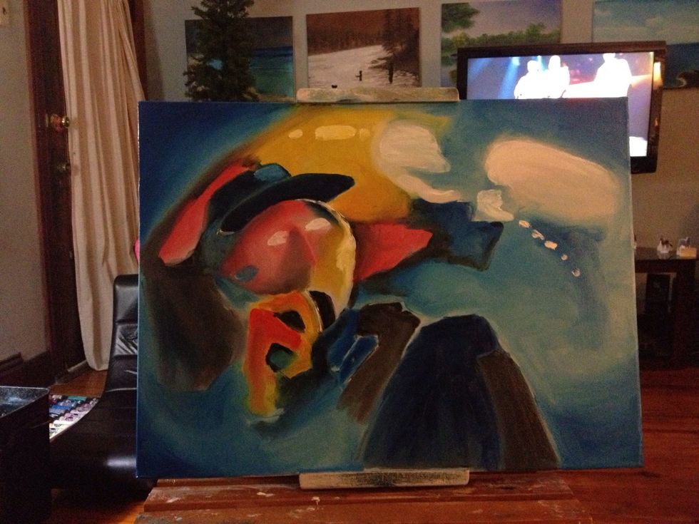 Block in the face with the same fleshtones you have used plus a little white mixed on top. Make sure to study eye placement and leave the eye cavities out.