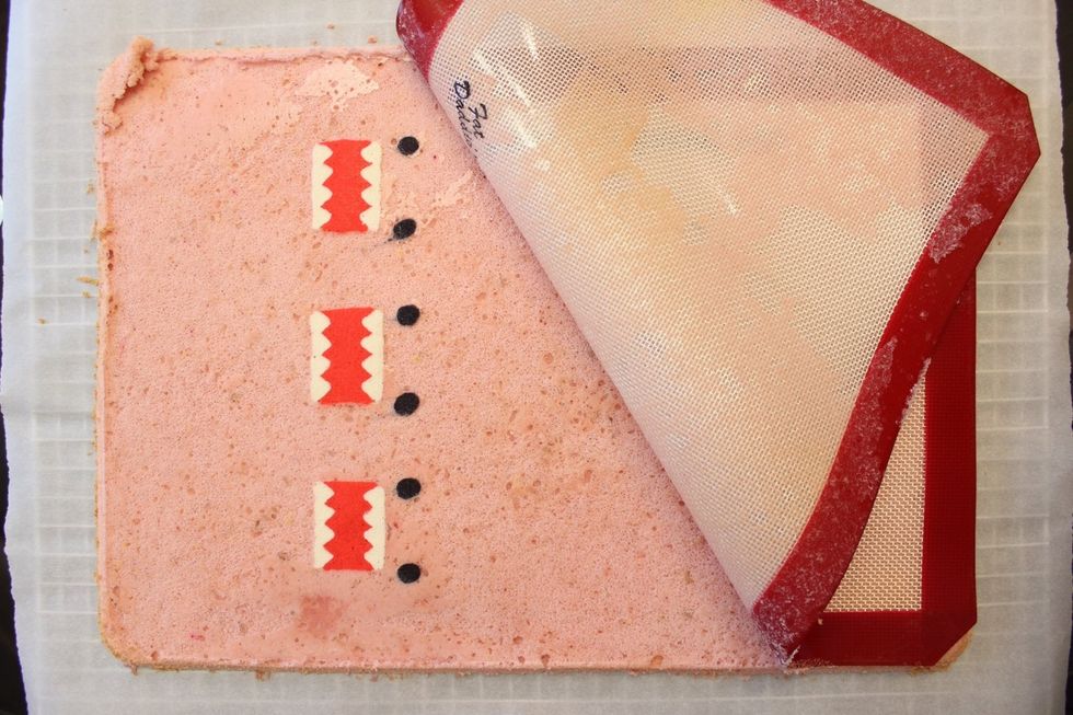 BLOOPER: See that gob of cake on the top left corner? That was from cake batter seeping underneath my silicon mat when I was trying to remove the paper template....