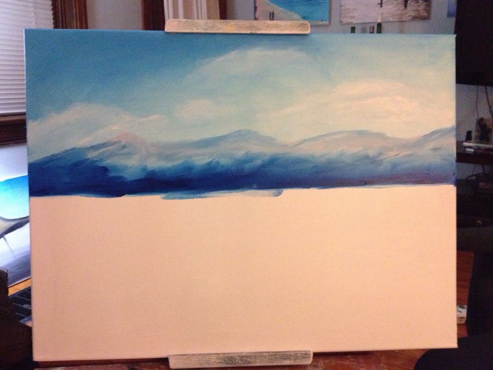 Blue, crimson, and white make a nice distance purple mountain. Follow the entire top of the mountain range west to east. Then go back and do shadows with a straight blue and your thumb.