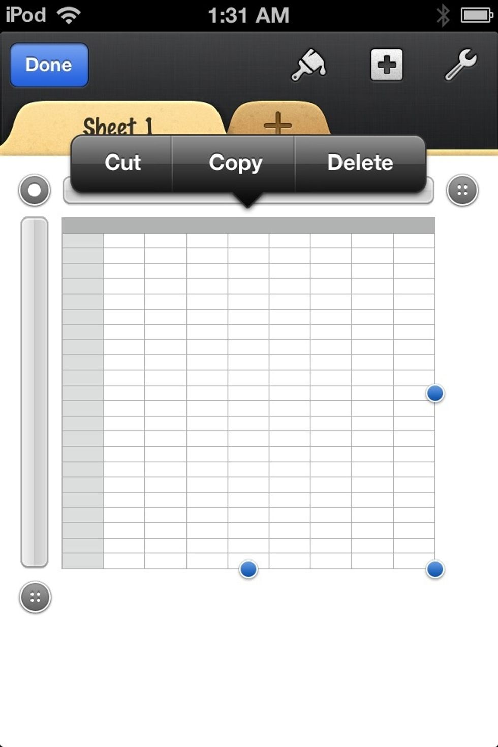 Blue handles should appear along with grey handles. Drag the bottom left GREY handle UP to shorten the table. Drag the top right grey handle left to shorten it to 3 cells.