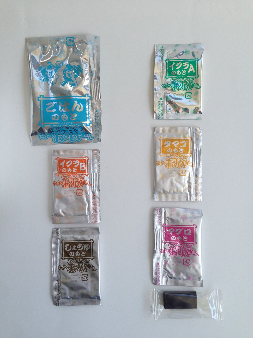 BLUE RICE MIX--GREEN-Activator-ORANGE-Fish Roe/Eggs-YELLOW Tamago-BROWN Soy Sauce-PINK Tuna -Drk Green in Clear Pack to Make Sushi Roll