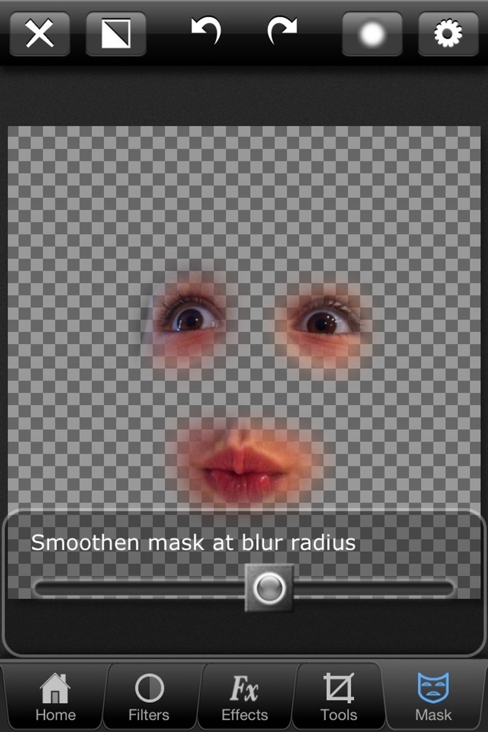Blur the image inside of the masking tool. Click on the blurry circle, and push the slider until you get it right.
