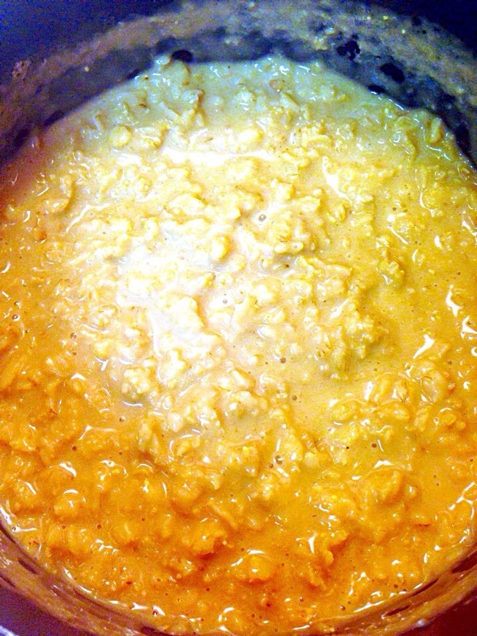 Boil 4 cups of unsweetened coconut milk, then add 2 cups of old fashioned oats. Cook on medium low heat for about 10 minutes