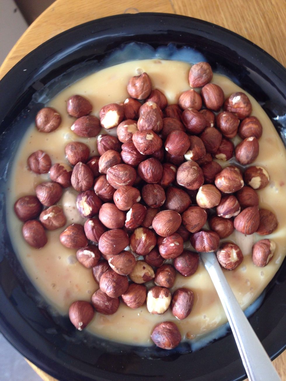 Boil a can condensed milk in pot for 2 and half hours! Should turn chocolate brown ( mine didn't this time) Add some nuts if you like.