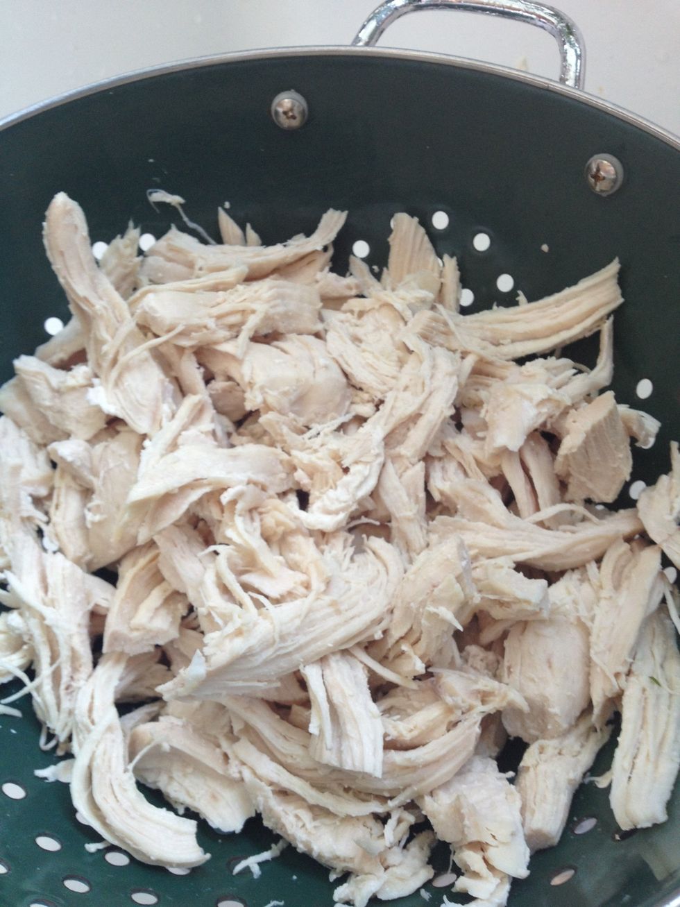 Boil chicken, strain & shred, save the chicken broth for later