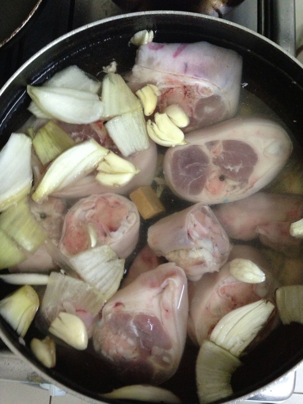 Boil for 30 mins the pork, onions, garlic, pork broth cubes, salt, & pepper corn.