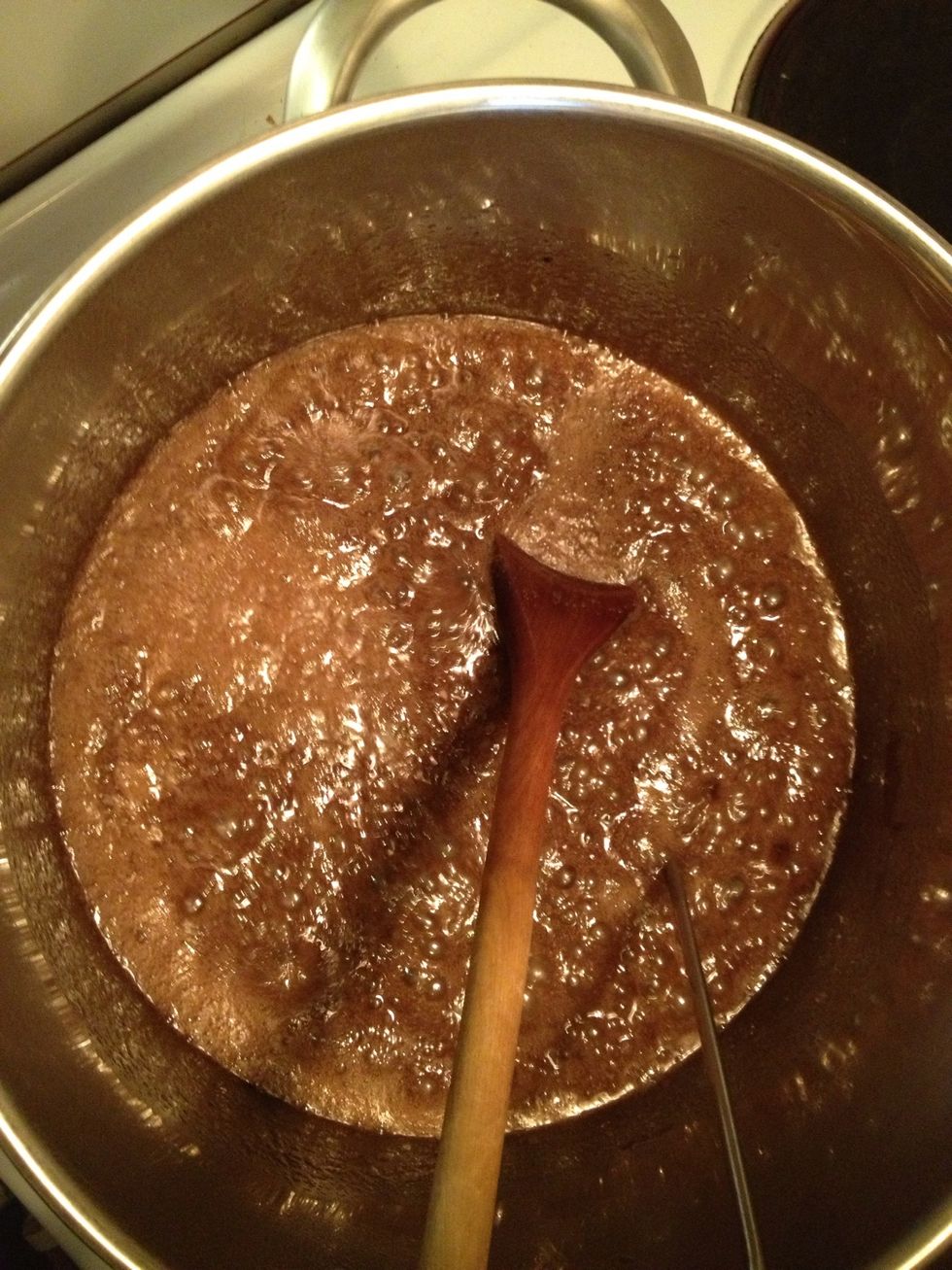 Boil for about 15 minutes. I allowed the mixture to reach 114 degrees. Without a thermometer, put some of the caramel mix in cold water using a teaspoon. Dip the spoon in a mug with cold water.