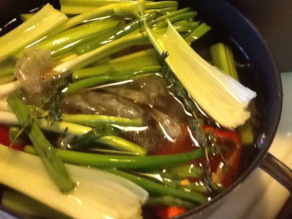 Boil peels with scallions, carrot, celery and thyme to make shrimp stock.