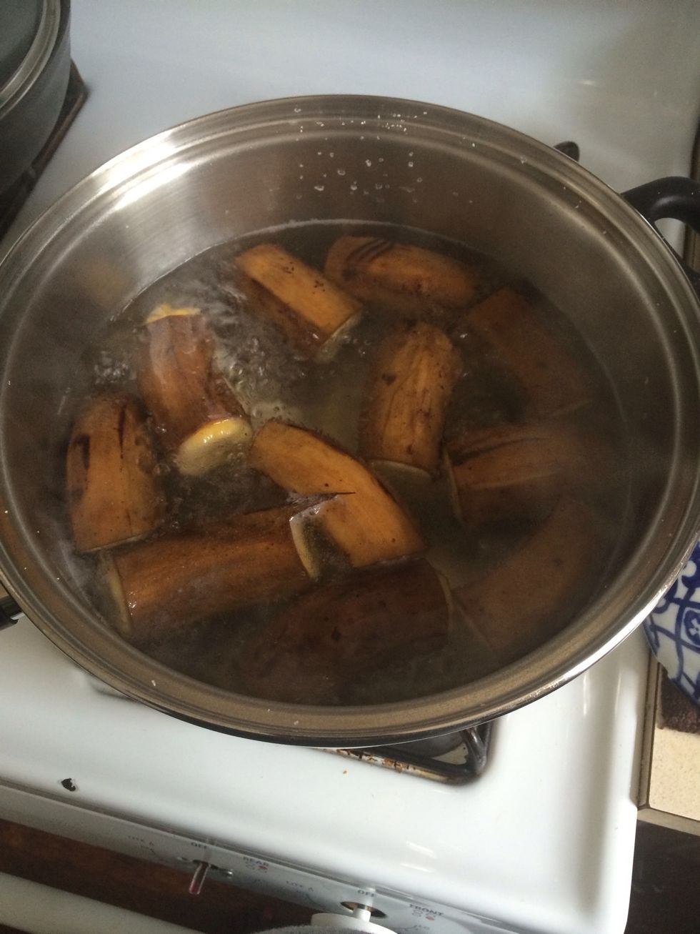 Boil plantains in water with kosher salt