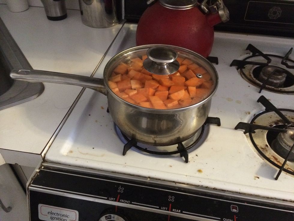 Boil sweet potatoes until soft, about 10 to 12 minutes. Then drain hot water and set the sweet potatoes in cold water for 2 to 3 minutes (this stops the cooking process).