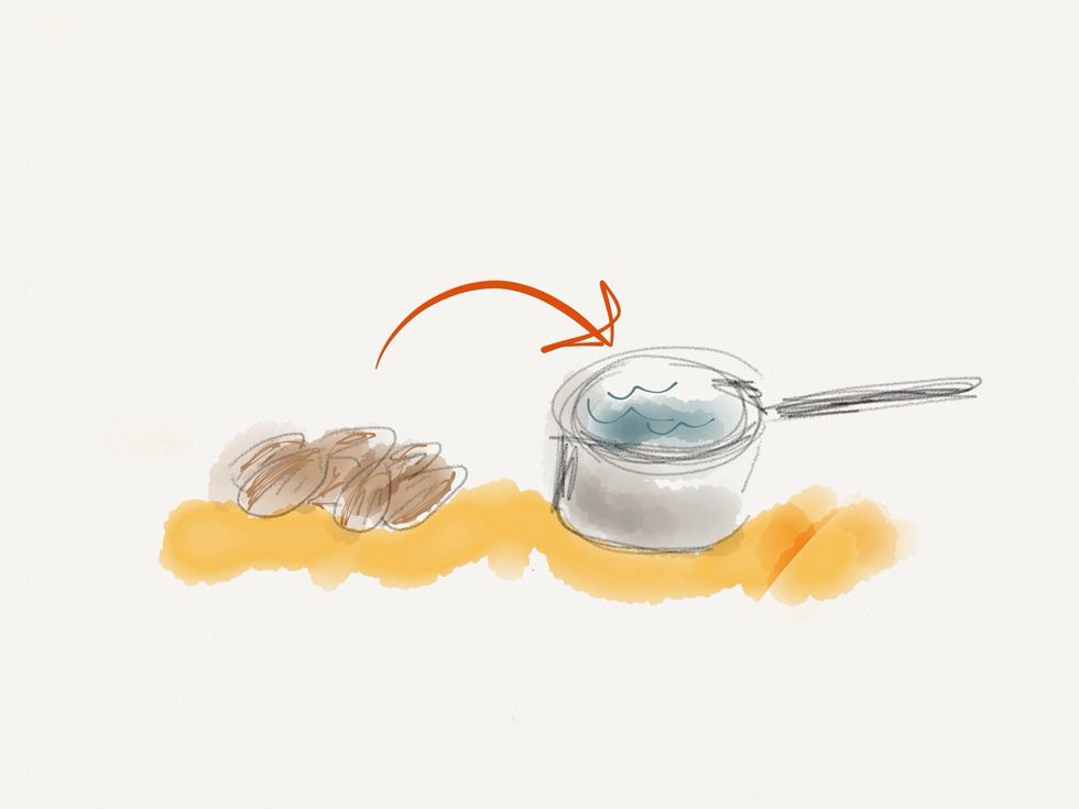 Boil the almonds for a few minutes. Toss the water. Let cool shortly so you don't burn your finger tips. Slip the almonds out of their skin - having a bunch of nice white nuts to enjoy