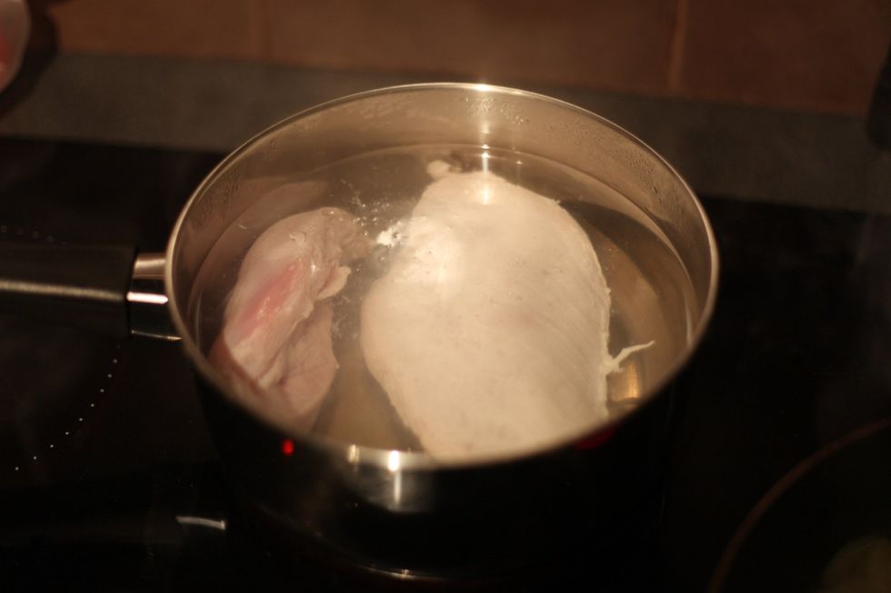 Boil the chicken breast for just 5-7 minutes. This will do 2 things: soften the chicken and remove any bad chemicals or germs (not accusing anyone here but we can't be too careful).