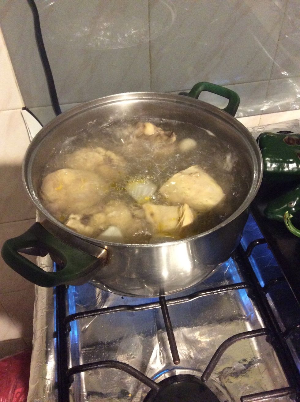 Boil the chicken breasts